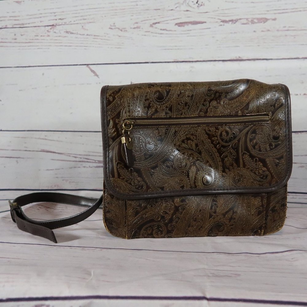 Women's Embossed Paisley Leather Crossbody Bag - Brown